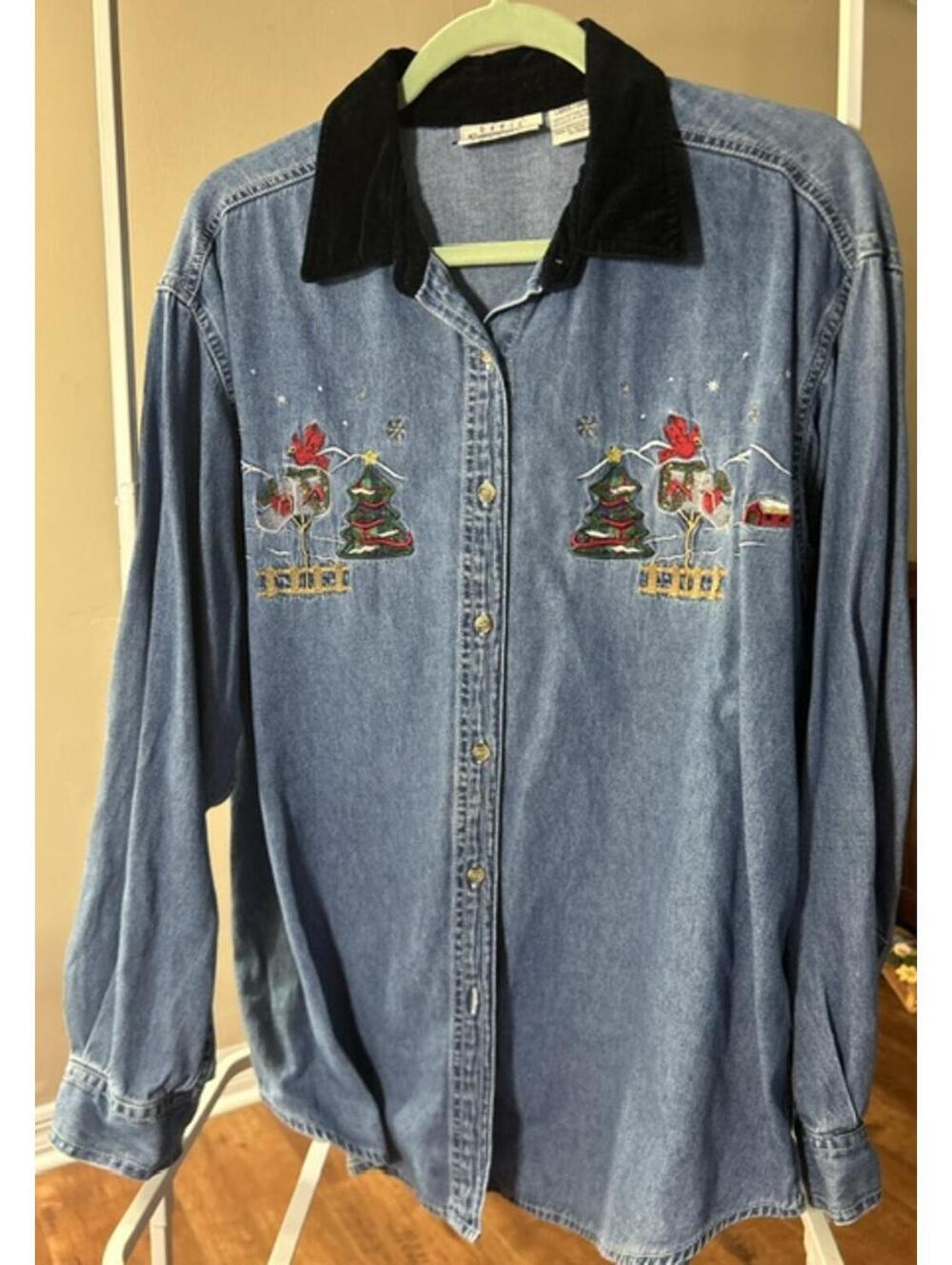 Basic Editions Holiday Christmas Embroidered Denim Shirt Jacket Large